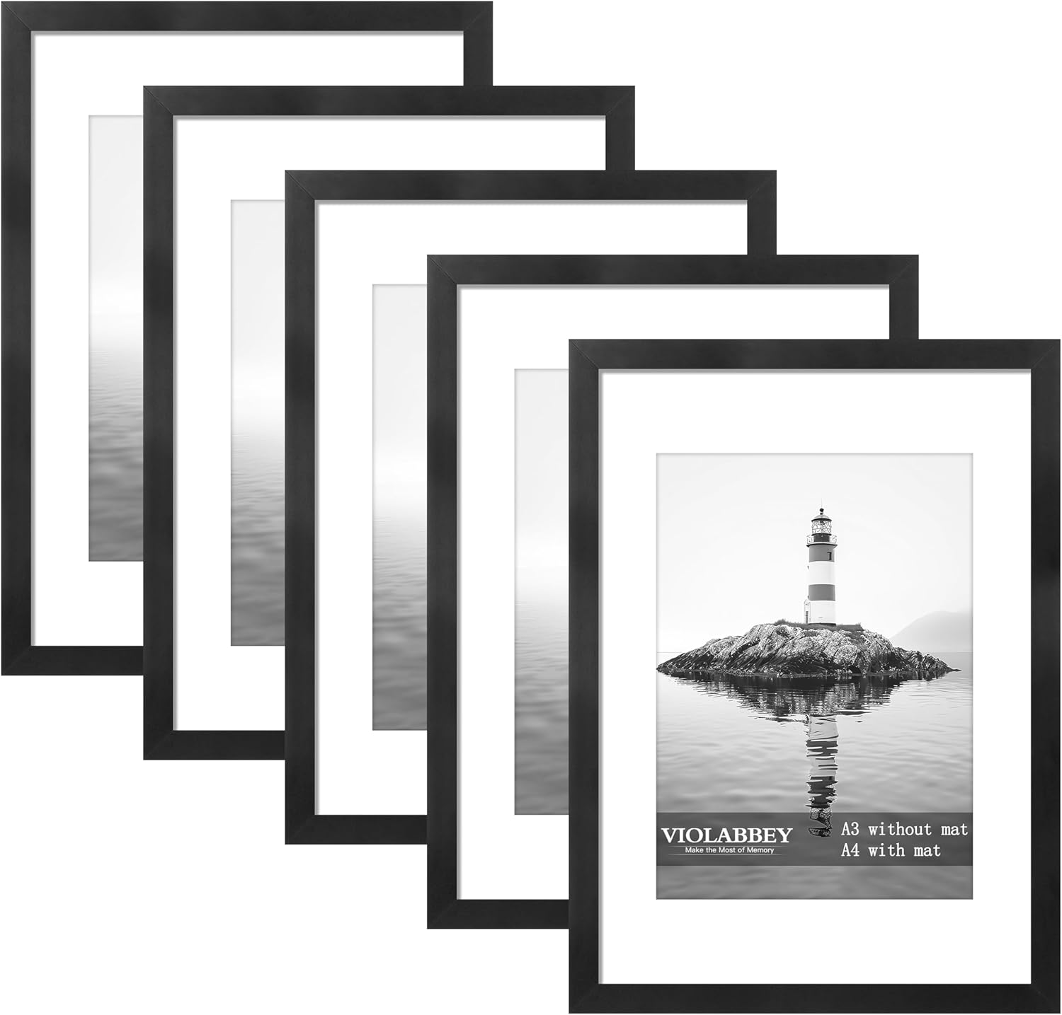 Set of black picture frames with a lighthouse photo on a white background