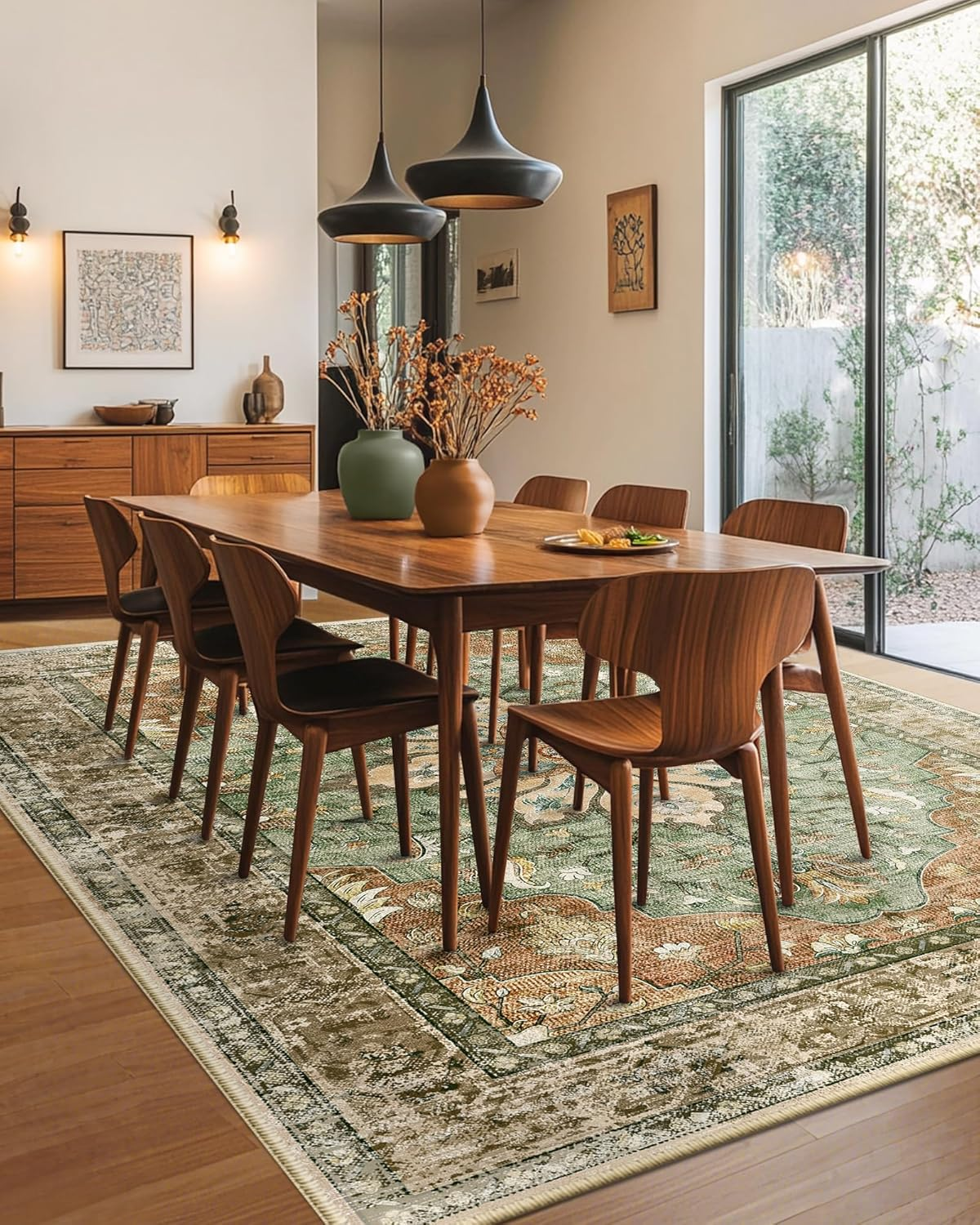 Dining room with wooden table and chairs on a patterned rug