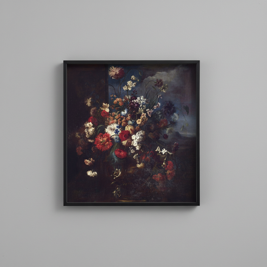 Baroque floral dark vintage bouquet fine art print, displayed in simple black frame on light gray wall - moody wall art