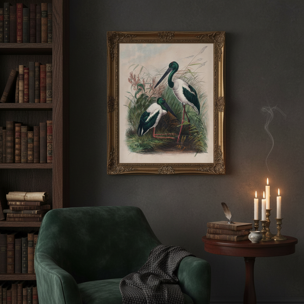 Vintage bird illustration print in ornate frame on dark moody wall - dark academia home decor