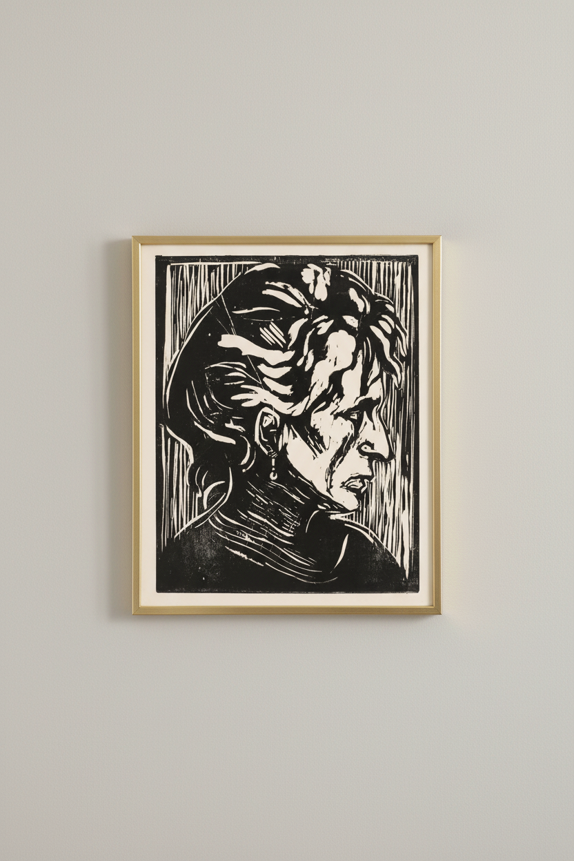 Vintage portrait fine art print with classical figure, displayed in brassy gold frame on light gray wall - elegant home decor