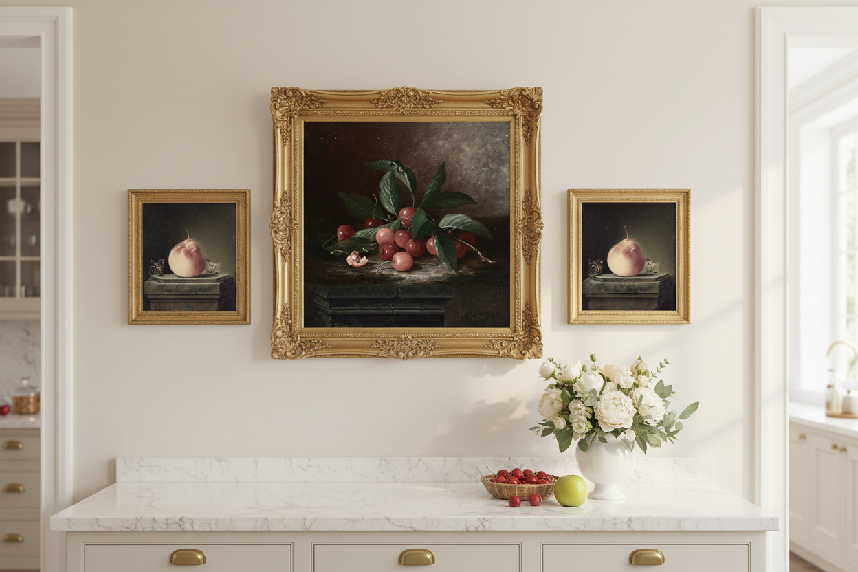 Vintage fruit still life art prints in gold frames on light wall in bright elegant kitchen
