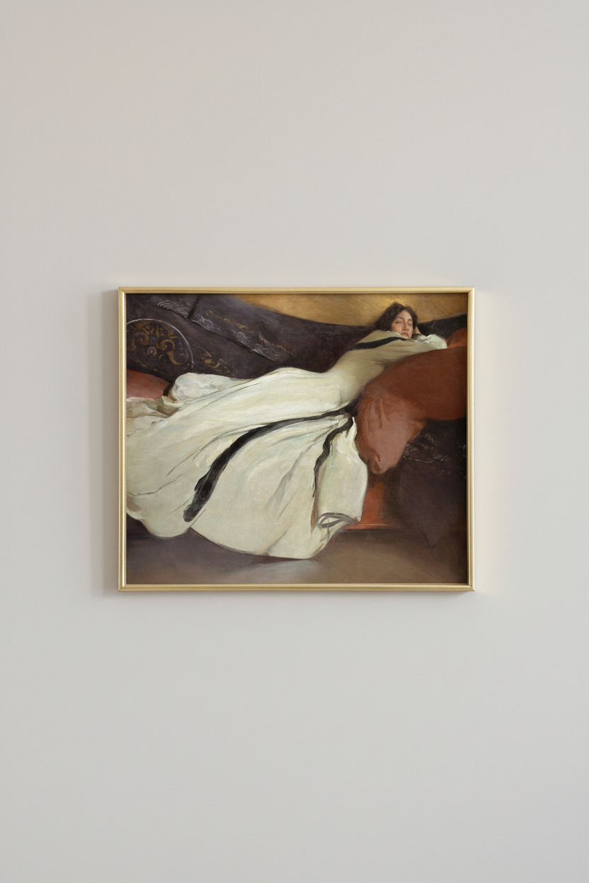 Reclining lady vintage painting fine art print, displayed in brassy gold frame on light gray wall - elegant home decor