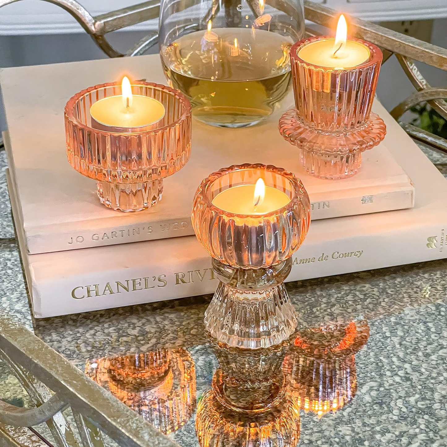Vintage Ribbed Glass Rose Gold Candlestick Holders (Set of 6) – Tealight, Taper & Pillar Candle Holder Set