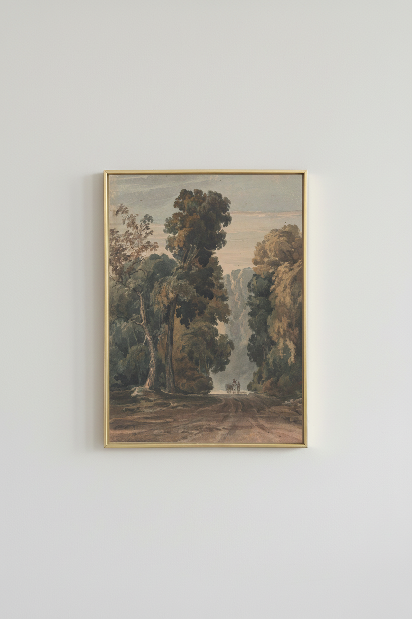 Vintage forest landscape fine art print with moody trees, displayed in brassy gold frame on light gray wall - woodland home decor