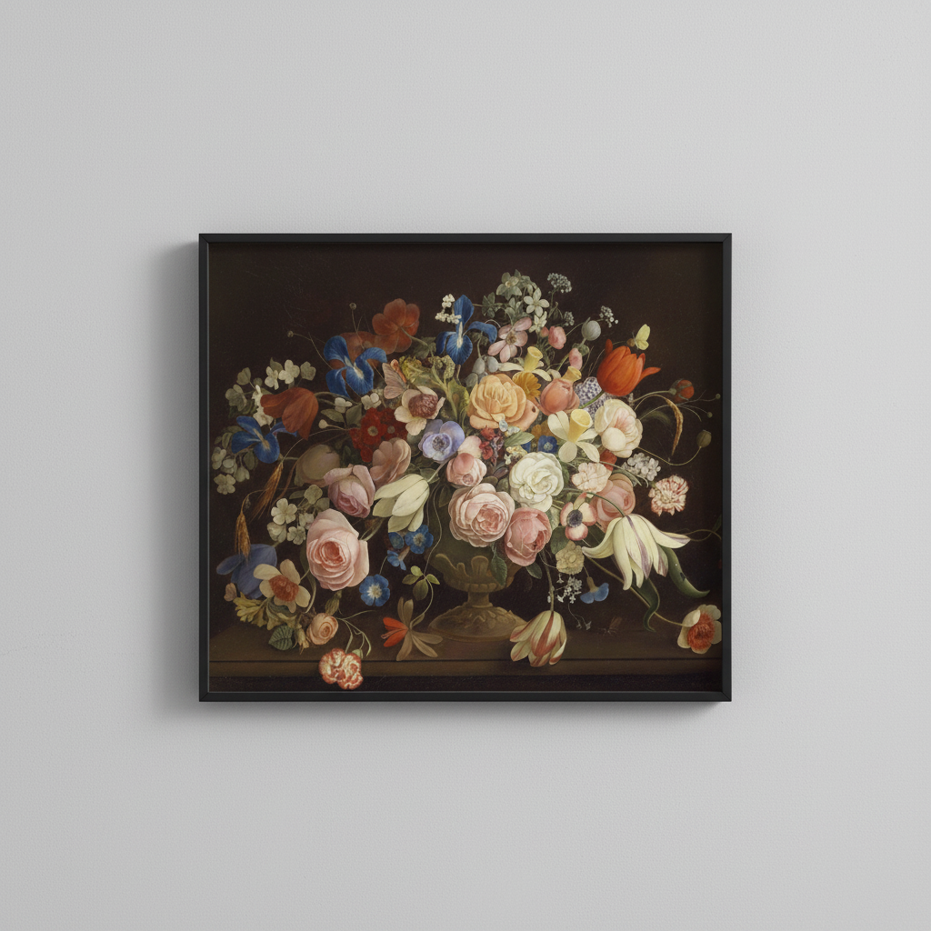 Vintage floral still life fine art print, displayed in simple black frame on light gray wall - botanical wall art