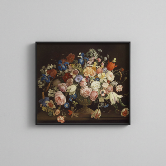 Vintage floral still life fine art print, displayed in simple black frame on light gray wall - botanical wall art