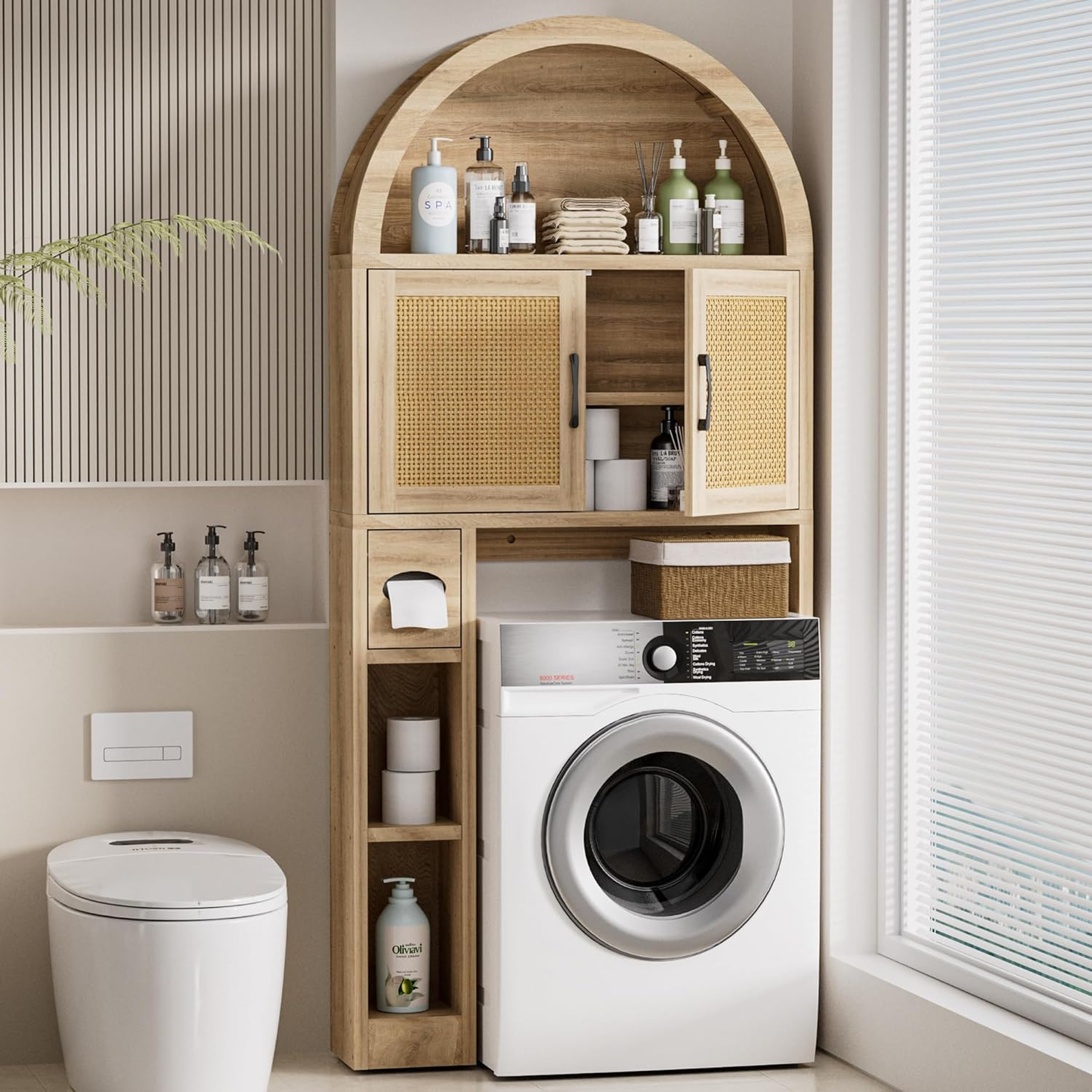 Arched Over-the-Toilet Storage Cabinet with Rattan Doors - Bathroom Organizer