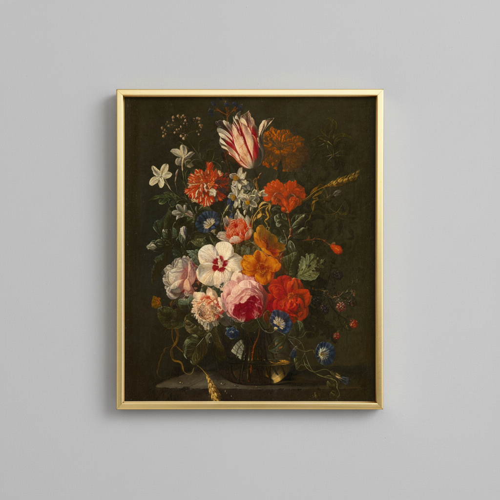 Classical still life bouquet fine art print, displayed in brassy gold frame on light gray wall - elegant home decor