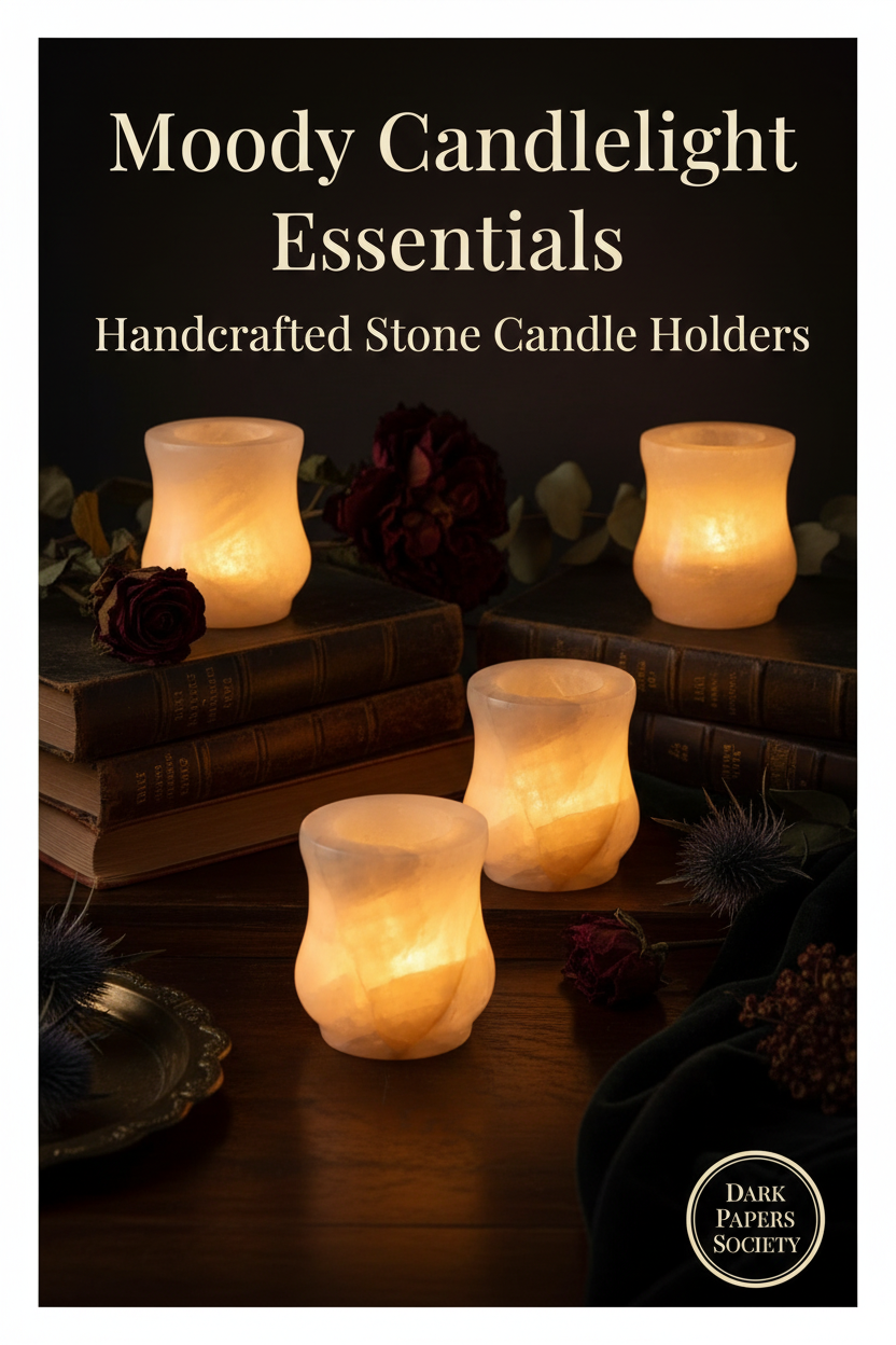 Calcite crystal tealight candle holders glowing warmly on dark surface with moody dried florals and vintage books