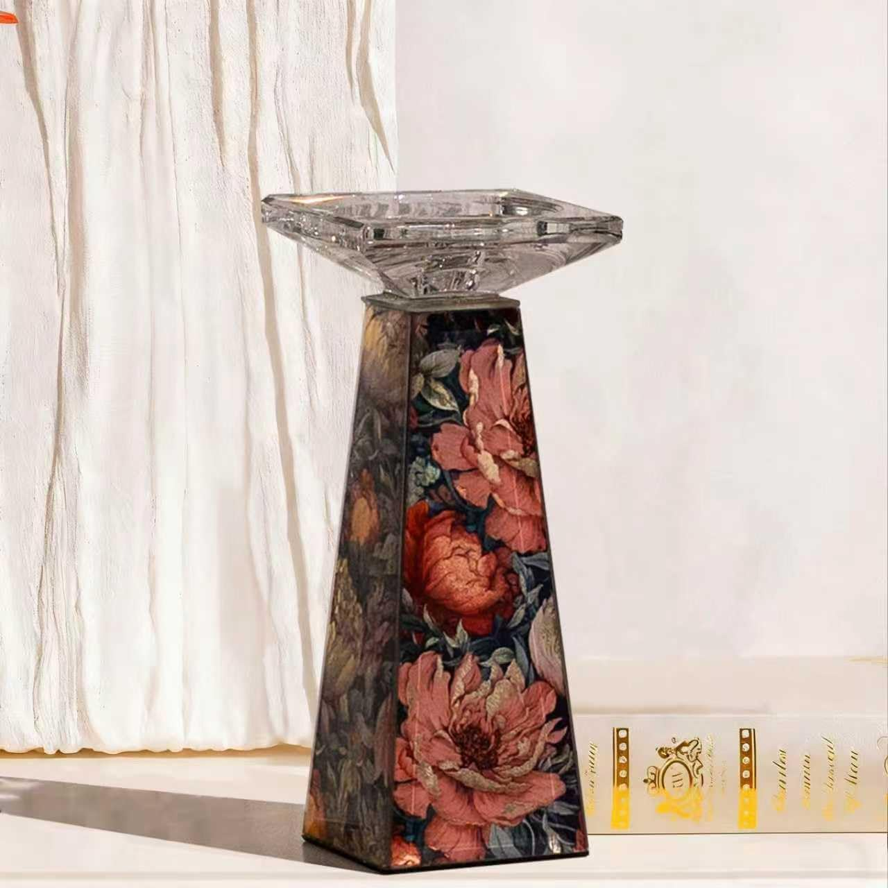 Floral Glass Candlestick Holder — Handcrafted Peony Pattern with Gold Foil