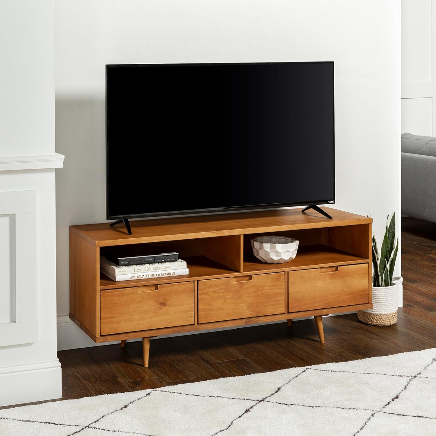 Walker Edison Mid-Century Modern TV Stand - 58" Solid Pine Entertainment Center