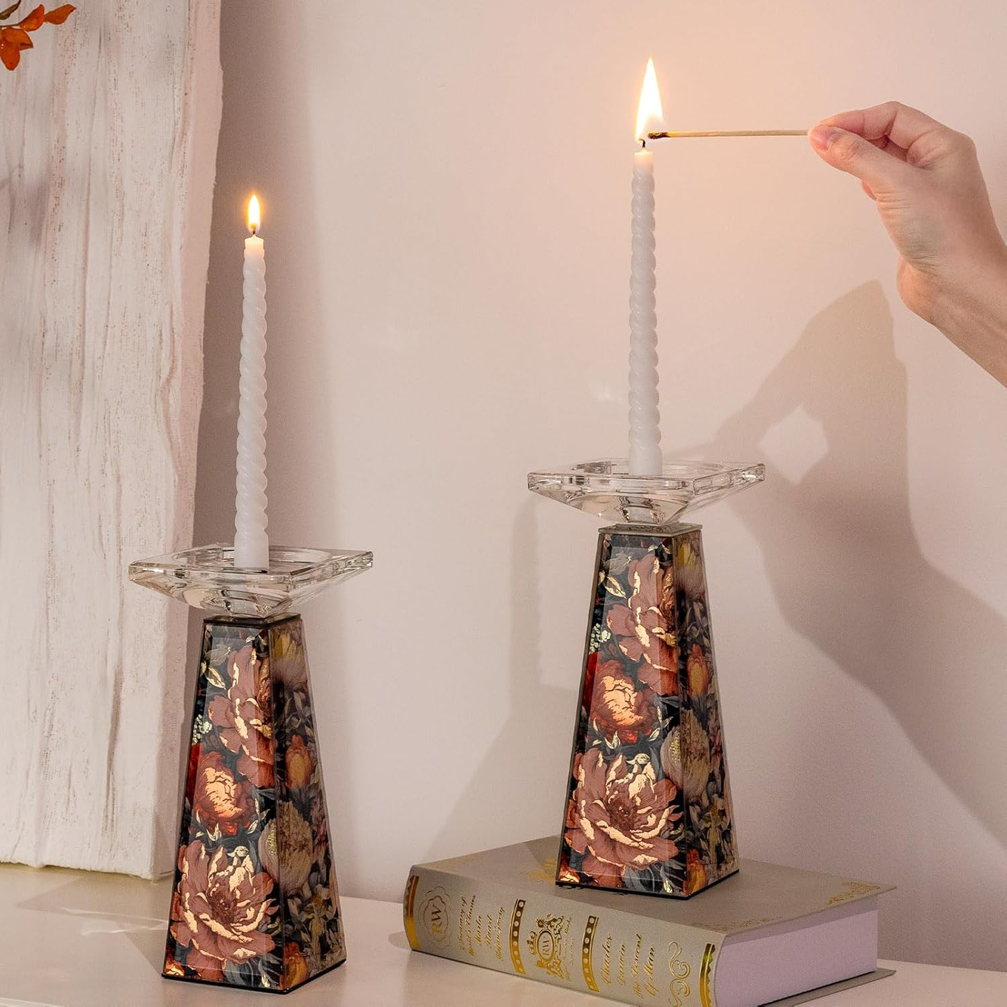 Floral Glass Candlestick Holder — Handcrafted Peony Pattern with Gold Foil