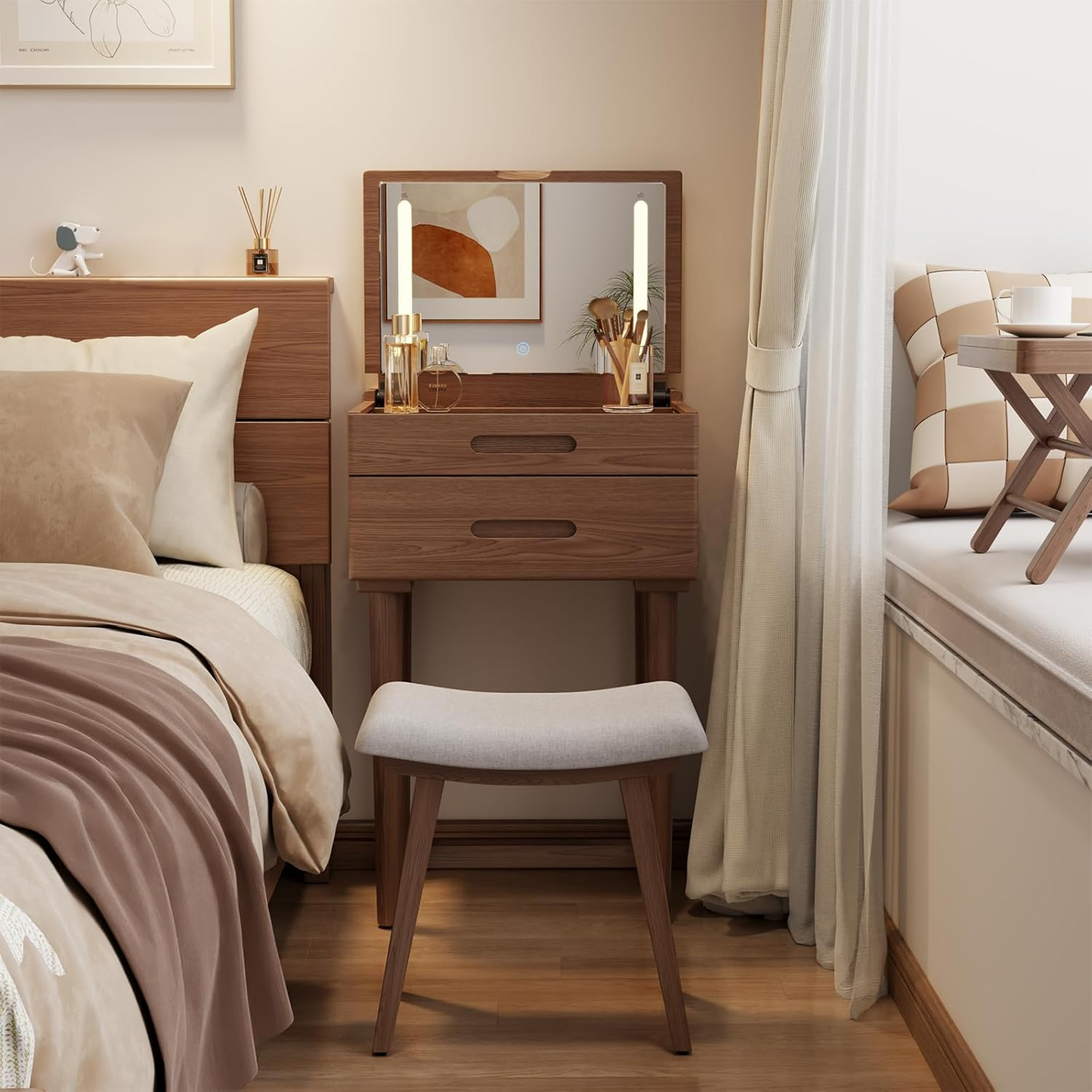 Solid Wood Walnut Vanity Desk with LED Mirror & Lights