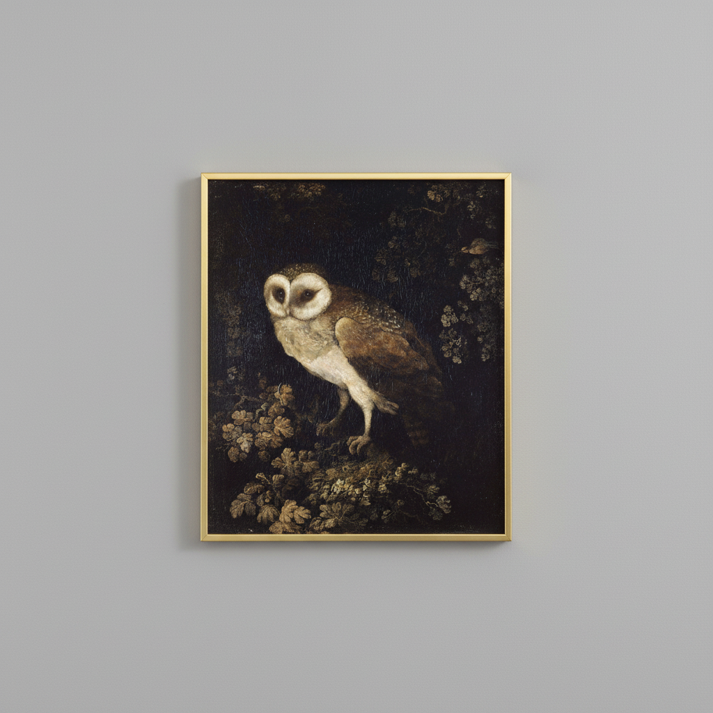 Barn owl vintage wildlife fine art print, displayed in brassy gold frame on light gray wall - elegant home decor