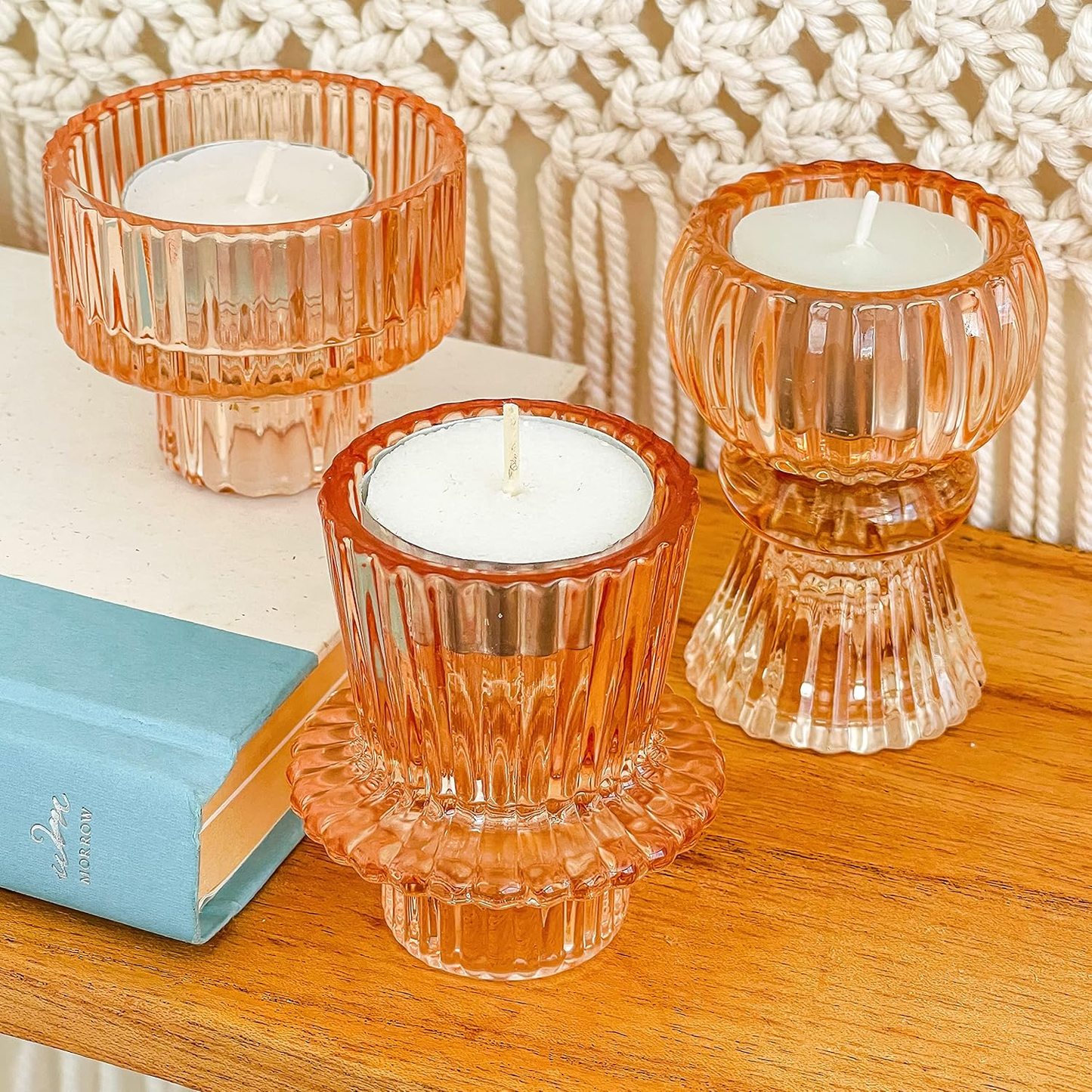 Vintage Ribbed Glass Rose Gold Candlestick Holders (Set of 6) – Tealight, Taper & Pillar Candle Holder Set