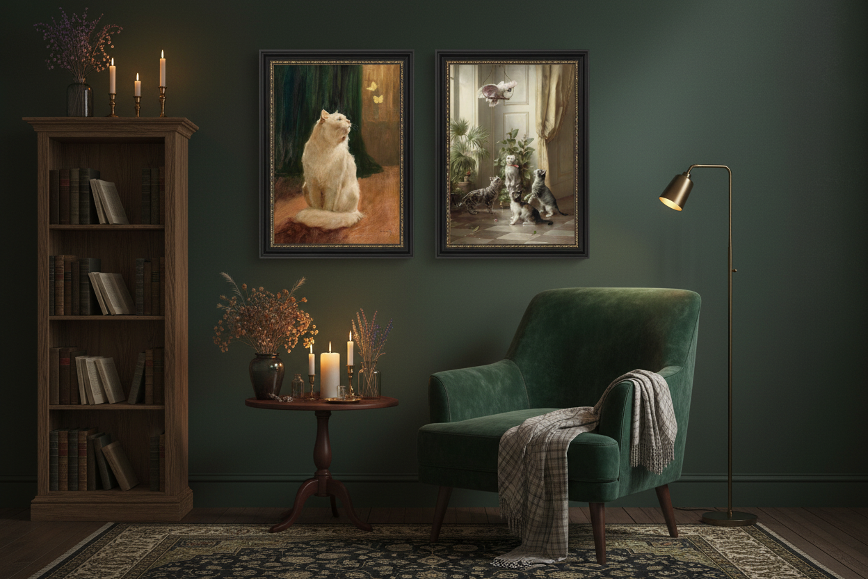 Vintage cat art print set displayed as gallery wall in dark academia bedroom with black frames