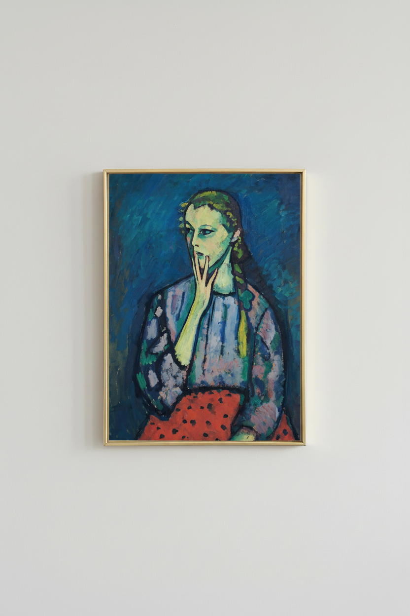 Blue portrait woman expressionist fine art print, displayed in brassy gold frame on light gray wall - contemporary gallery decor