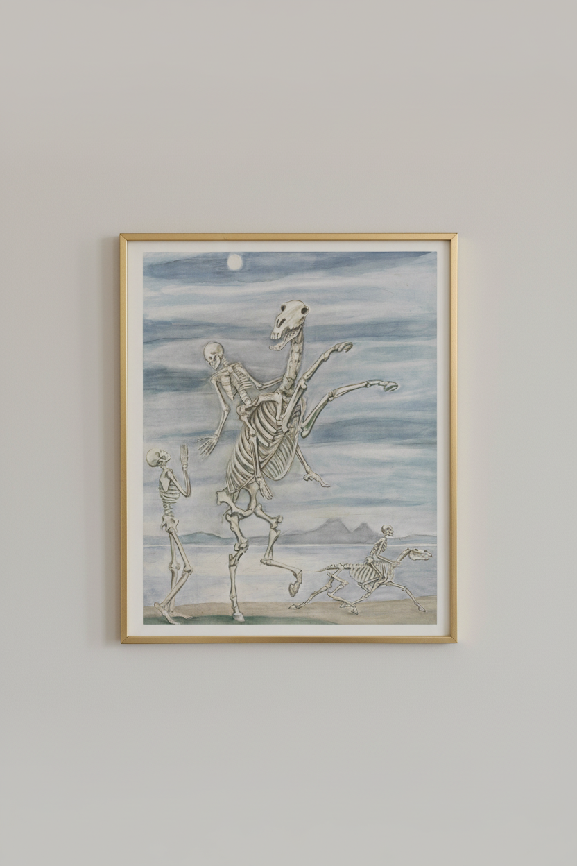 Surreal vintage gothic fine art print with skeleton riders, displayed in brassy gold frame on light gray wall - macabre home decor