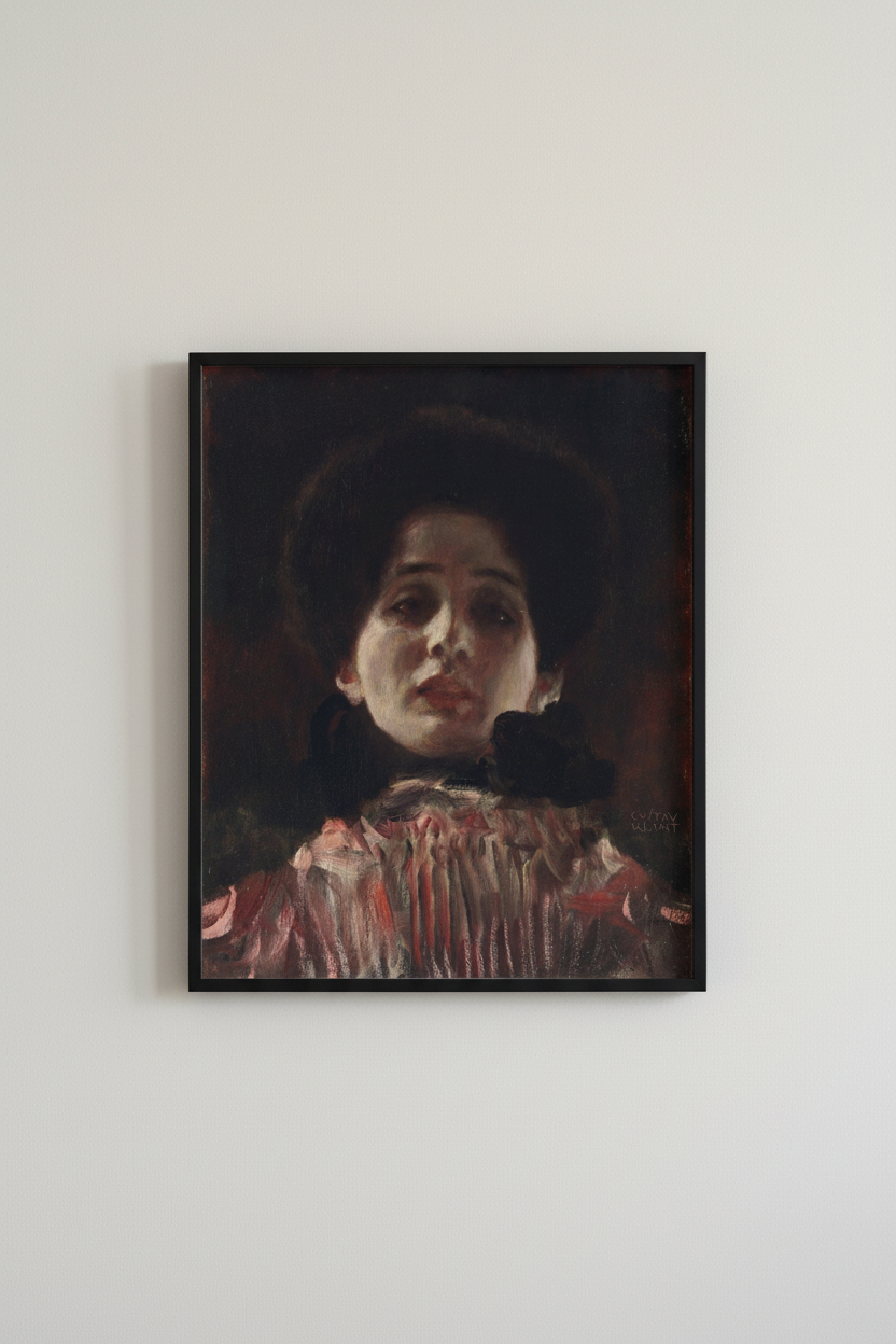 Vintage portrait fine art print with classical figure, displayed in simple black frame on light gray wall - dark academia wall art