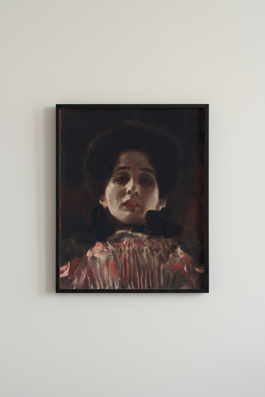Vintage portrait fine art print with classical figure, displayed in simple black frame on light gray wall - dark academia wall art