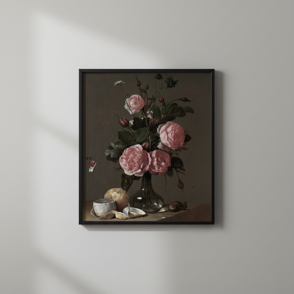 Pink rose still life fine art print, displayed in simple black frame on light gray wall - floral wall art