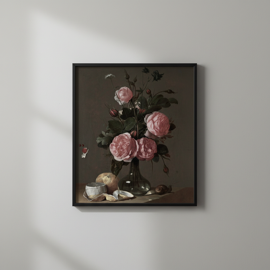 Pink rose still life fine art print, displayed in simple black frame on light gray wall - floral wall art