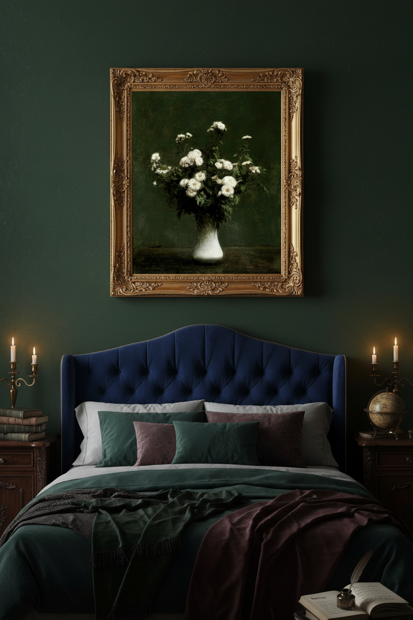 Moody white chrysanthemums print in gold frame on dark green wall in elegant dark academia bedroom