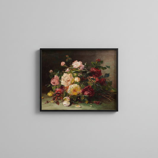 Vintage rose still life fine art print, displayed in simple black frame on light gray wall - floral wall art