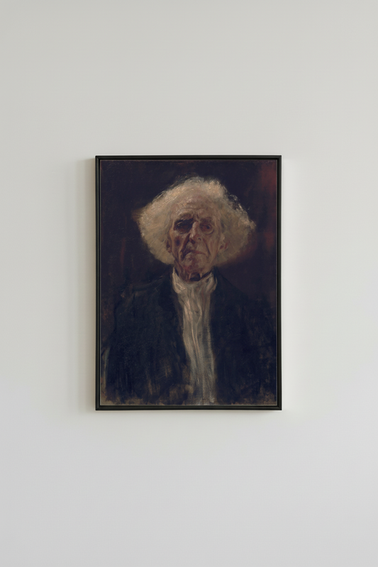 Moody vintage portrait fine art print of elderly man, displayed in simple black frame on light gray wall - dark academia wall art