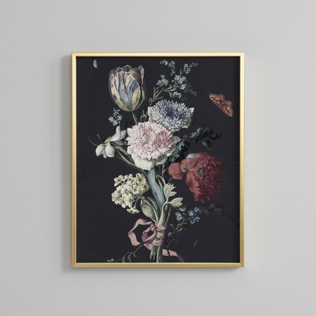 Dark vintage floral bouquet fine art print, displayed in brassy gold frame on light gray wall - elegant home decor