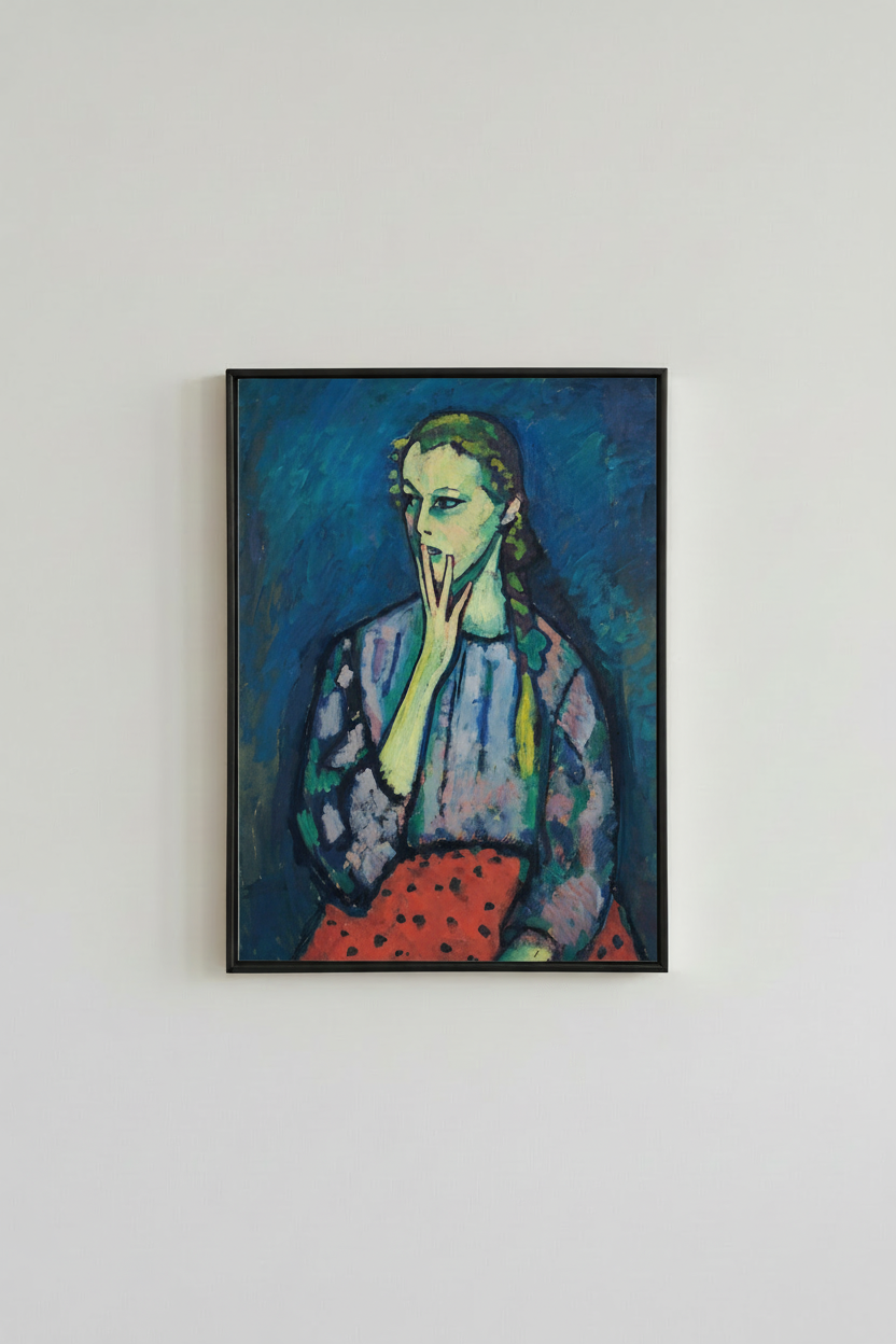 Blue portrait woman expressionist fine art print, displayed in simple black frame on light gray wall - modern living room wall art
