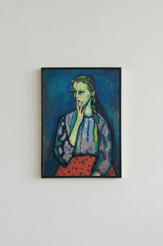 Blue portrait woman expressionist fine art print, displayed in simple black frame on light gray wall - modern living room wall art
