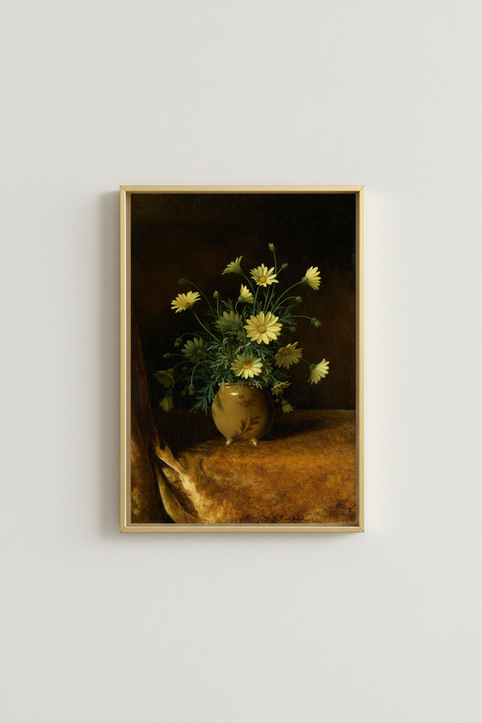 Vintage Yellow Daisy Still Life in simple gold frame