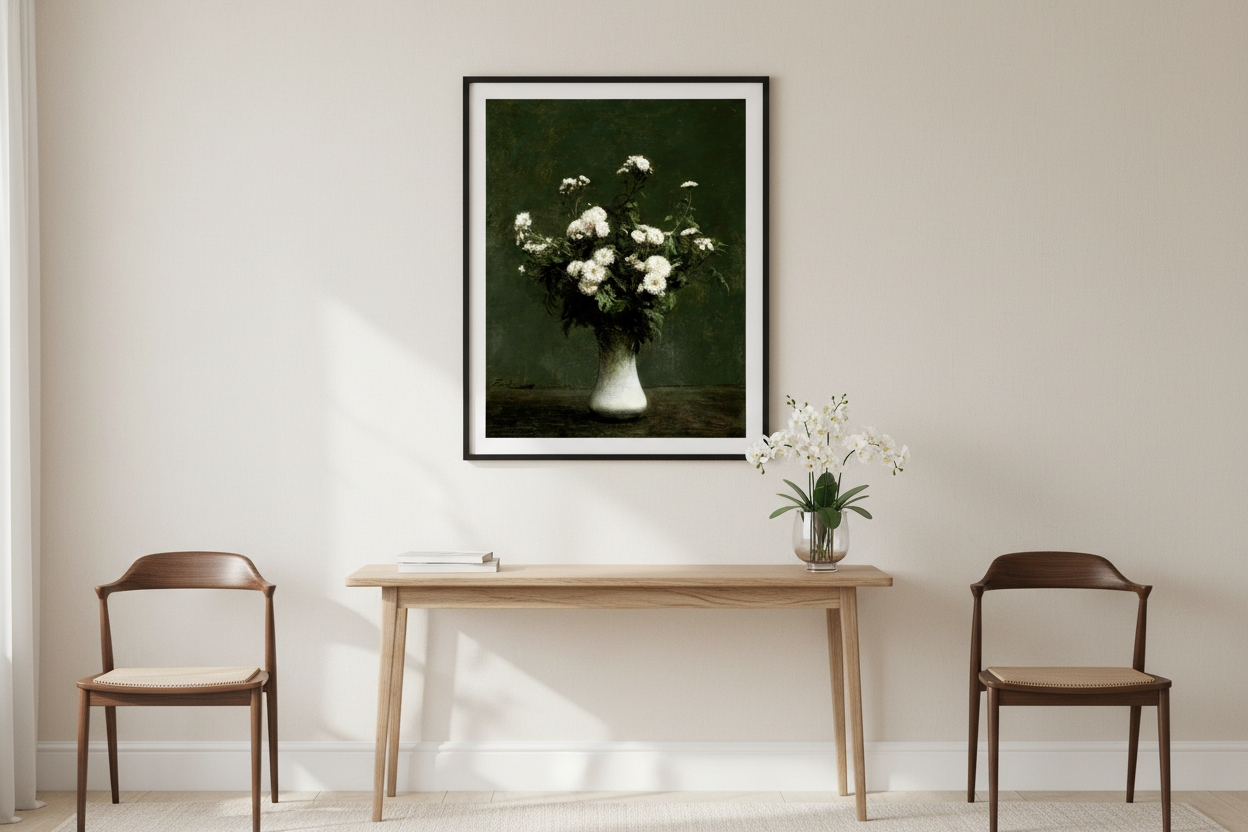 Moody white chrysanthemums print in black frame on light wall in minimalist elegant dining room