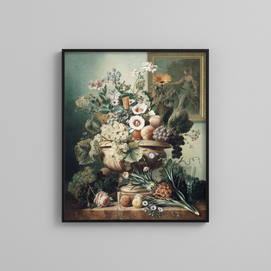 Classic still life floral and fruit fine art print, displayed in simple black frame on light gray wall - vintage wall art