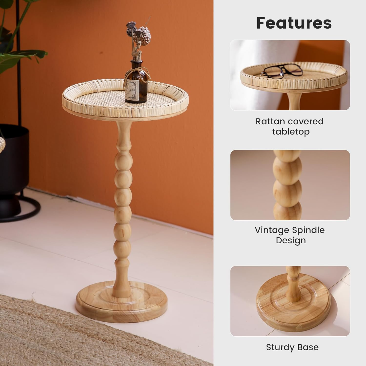 Wooden side table with rattan-covered top, vintage spindle design, and sturdy base on an orange background.