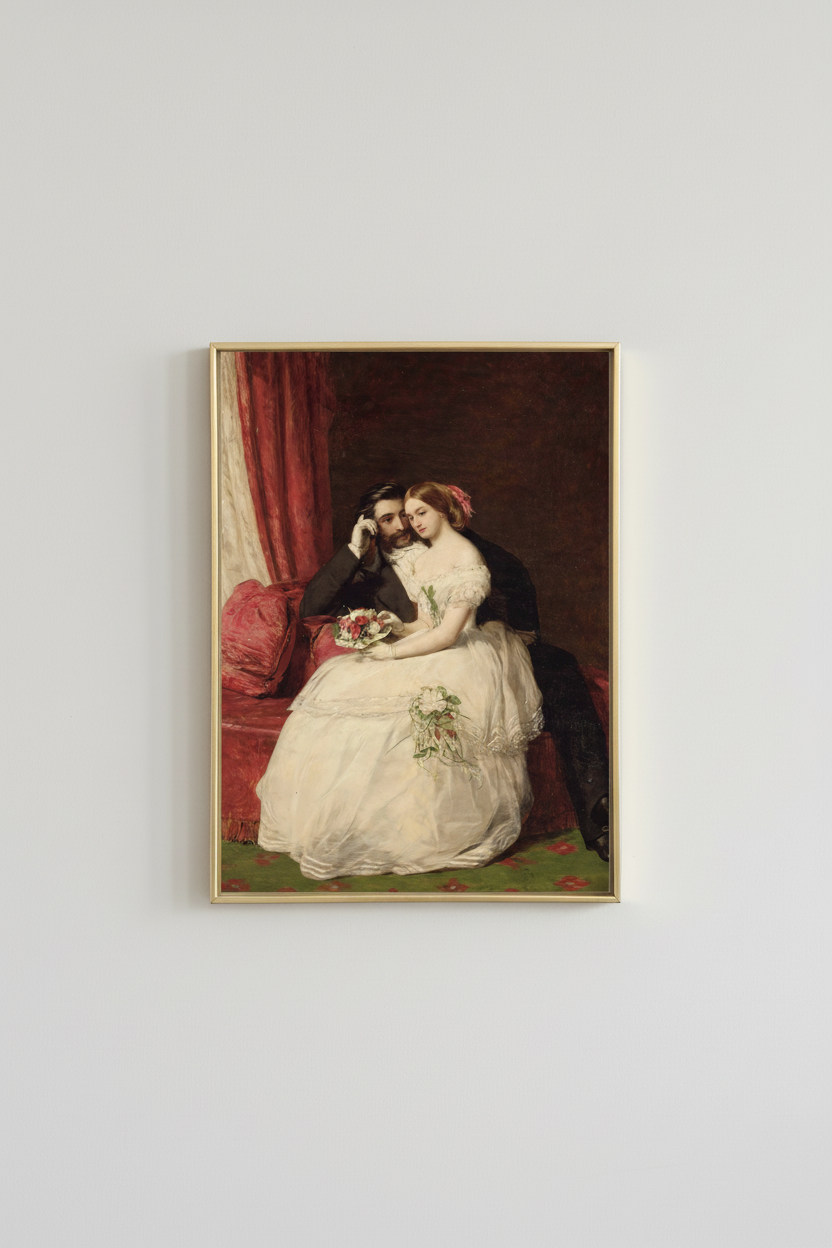 Romantic Victorian couple fine art print, displayed in brassy gold frame on light gray wall - elegant home decor