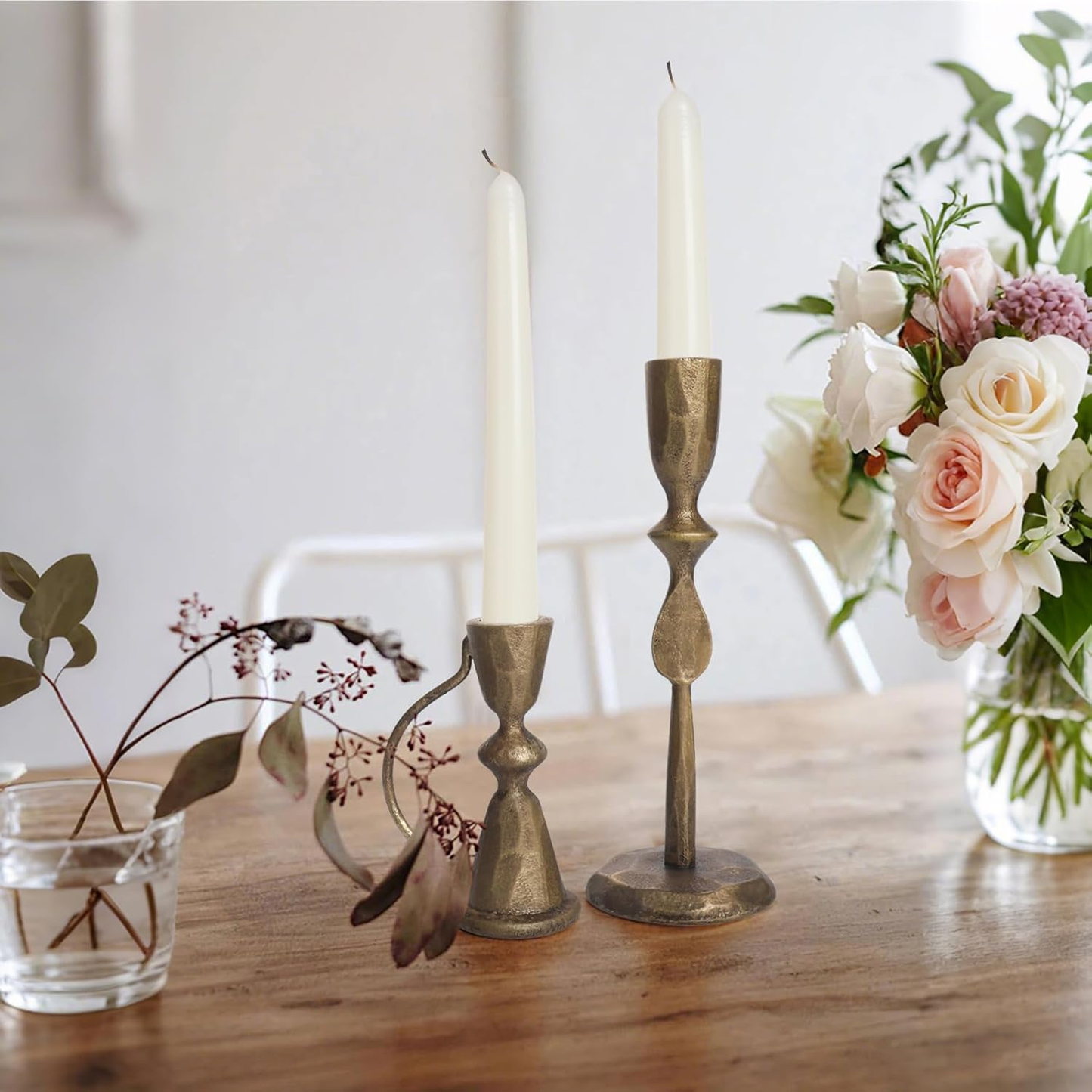 Antique Brass Cast Iron Candle Holders Set of 2 - Vintage Taper Candlesticks for Table Centerpieces