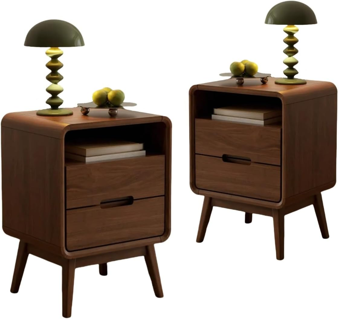 Walnut Nightstand Set of 2 - Solid Wood Mid-Century Modern Bedside Tables with Drawers