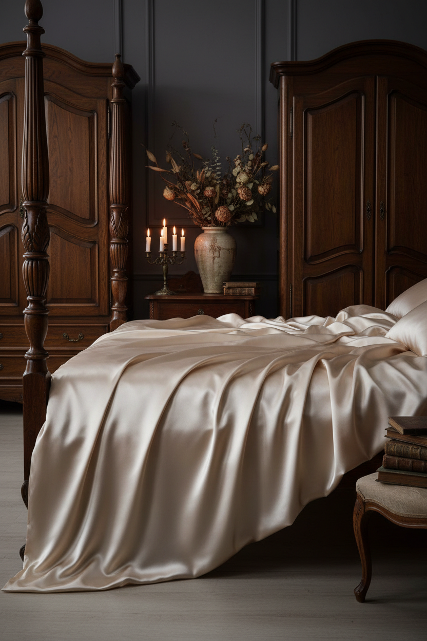Luxury champagne 30mm mulberry silk flat sheet set in moody dark academia bedroom – premium bedding