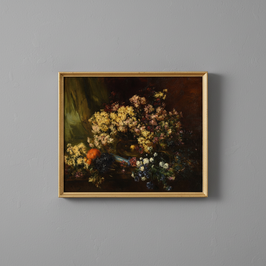 Romantic vintage flower still life fine art print, displayed in brassy gold frame on light gray wall - elegant home decor