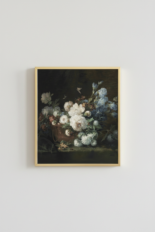 Vintage White Floral Still Life with Butterflies in simple gold frame