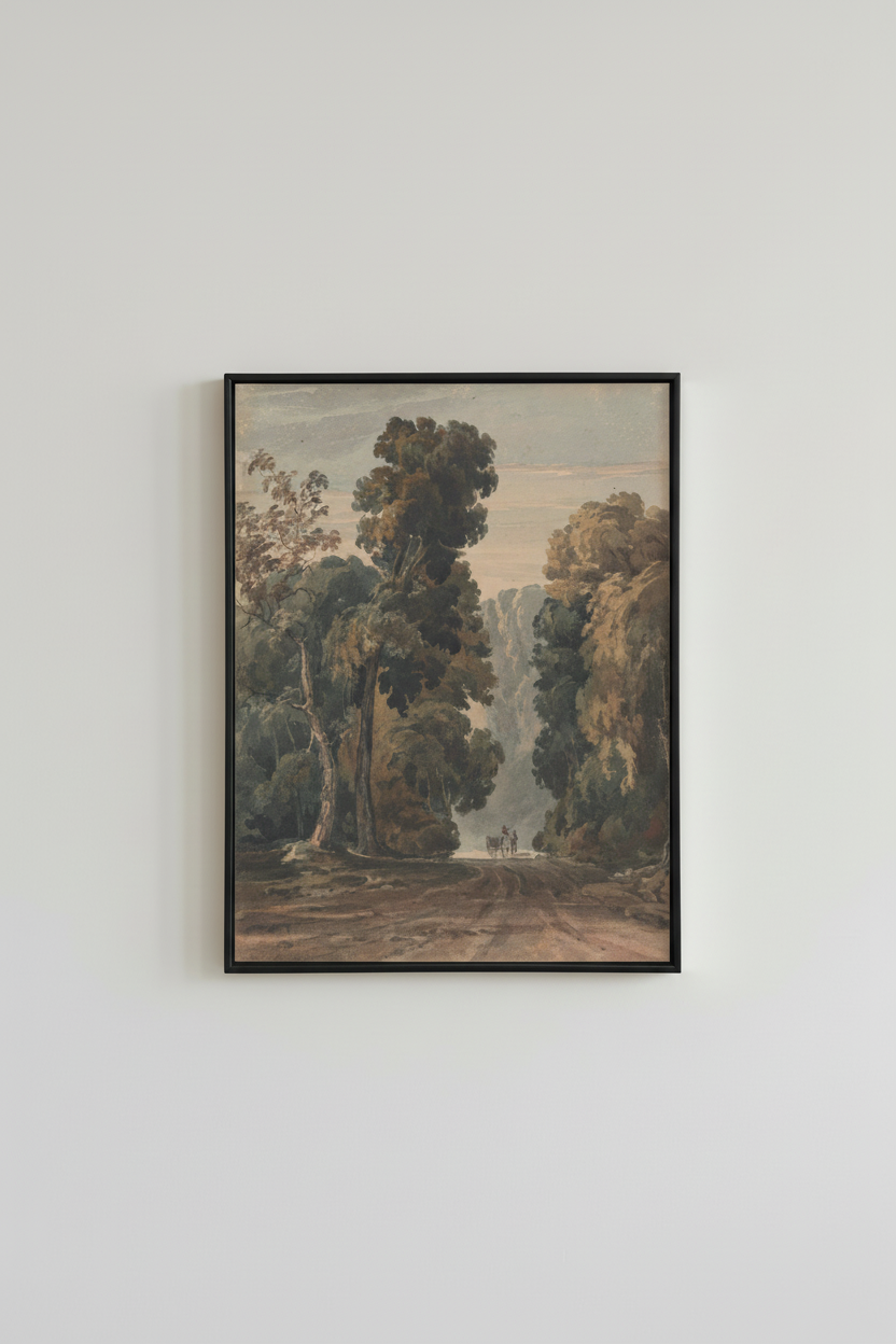Vintage forest landscape fine art print with moody trees, displayed in simple black frame on light gray wall - atmospheric nature wall art