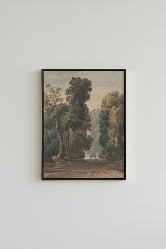 Vintage forest landscape fine art print with moody trees, displayed in simple black frame on light gray wall - atmospheric nature wall art
