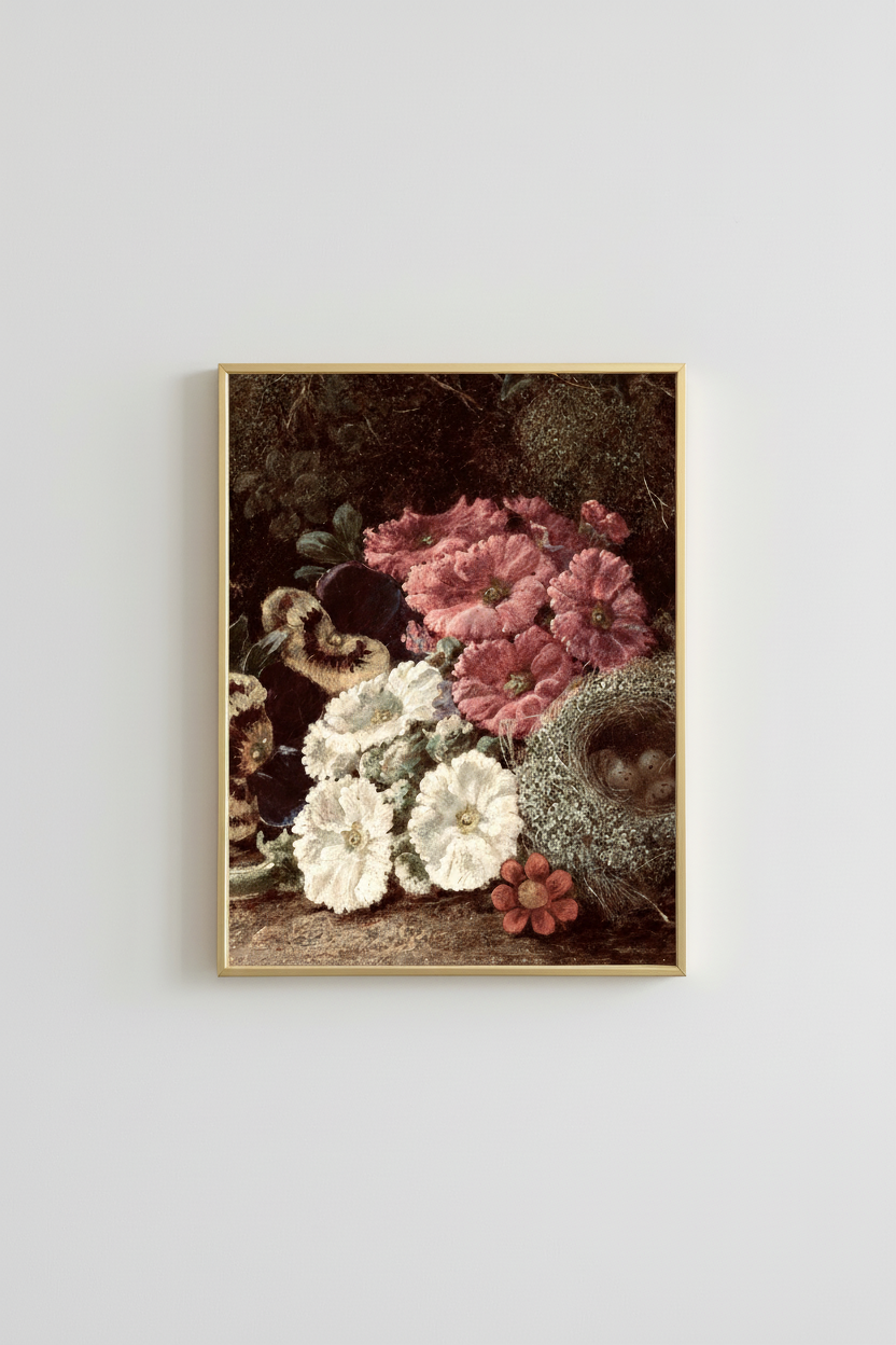 Moody Floral with Pink Flowers and Bird's Nest in simple gold frame