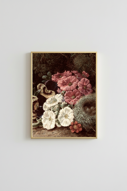 Moody Floral with Pink Flowers and Bird's Nest in simple gold frame