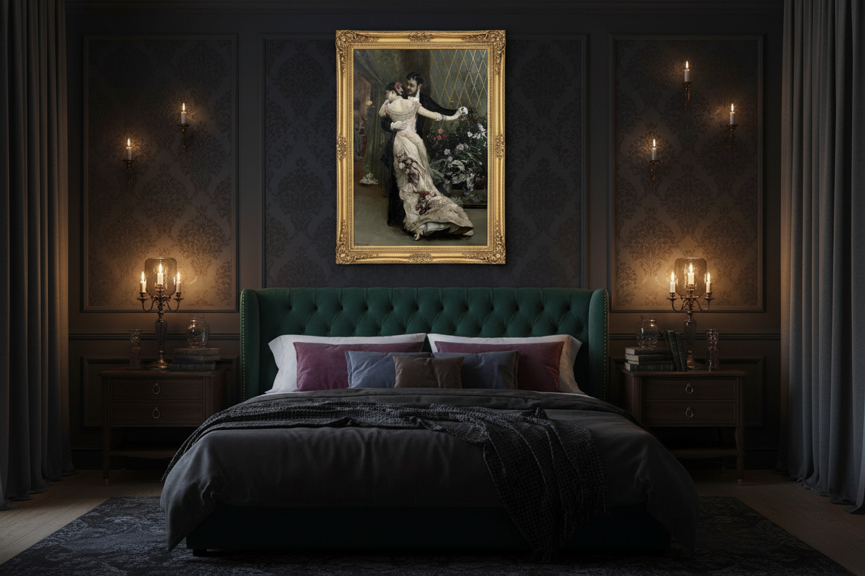 Romantic vintage couple portrait in ornate gold frame above bed in moody romantic bedroom