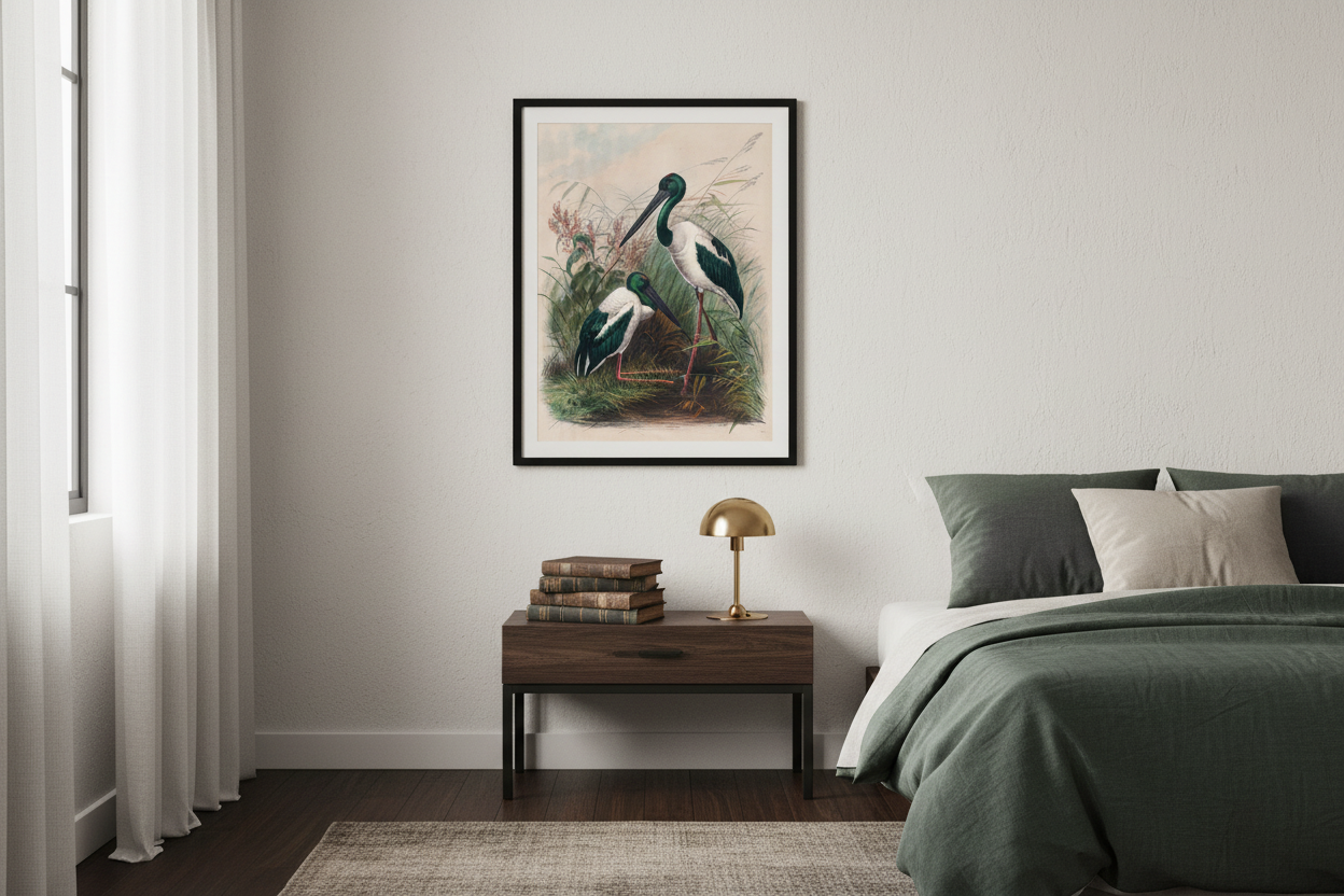 Vintage bird print in black frame on light wall in minimalist bedroom with books