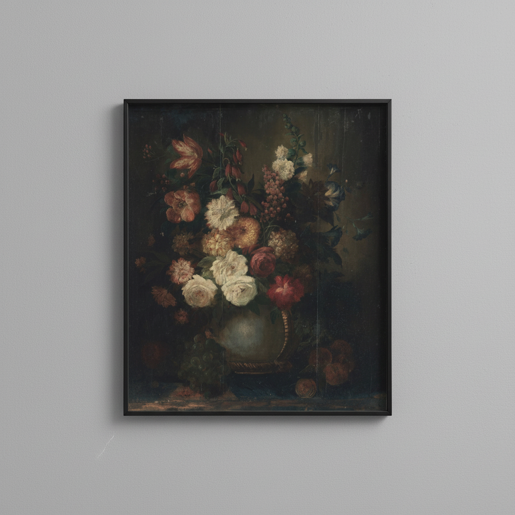 Vintage dark floral still life fine art print, displayed in simple black frame on light gray wall - moody wall art